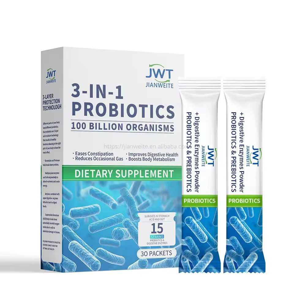 Probiotic prebiotic and digestive enzyme powder in stick packs