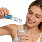 Probiotic drink powder poured from a single-serve stick pack