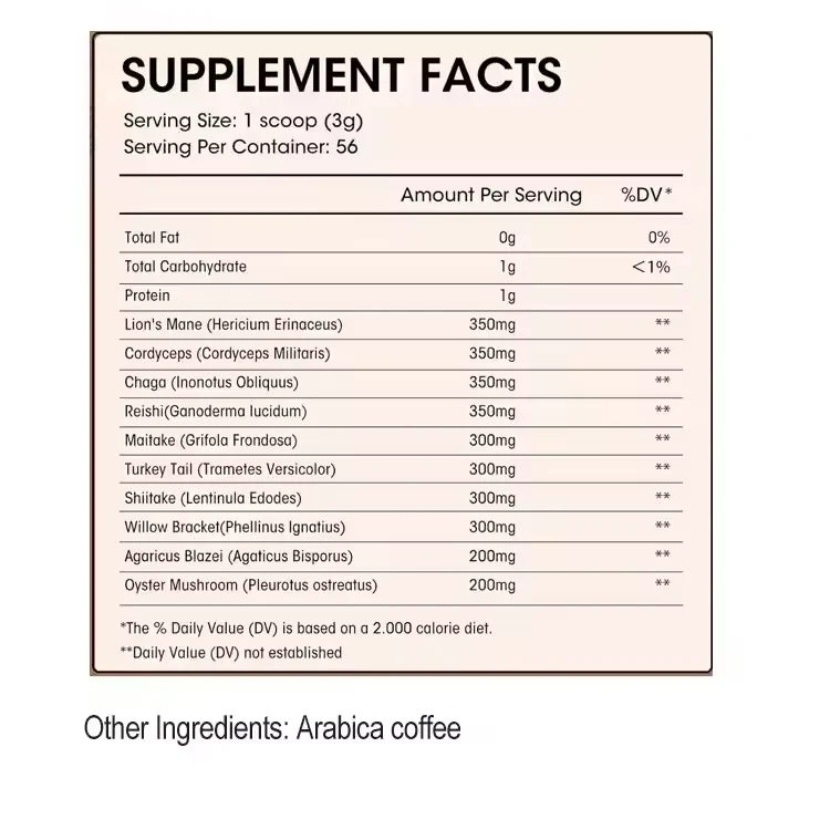 Mushroom Coffee Powder formula and packaging details