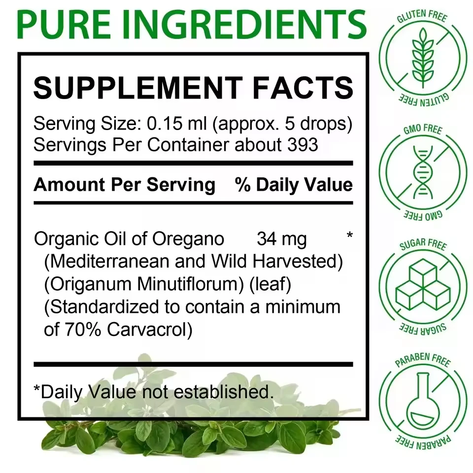Oregano Oil Liquid Drops formula and packaging details
